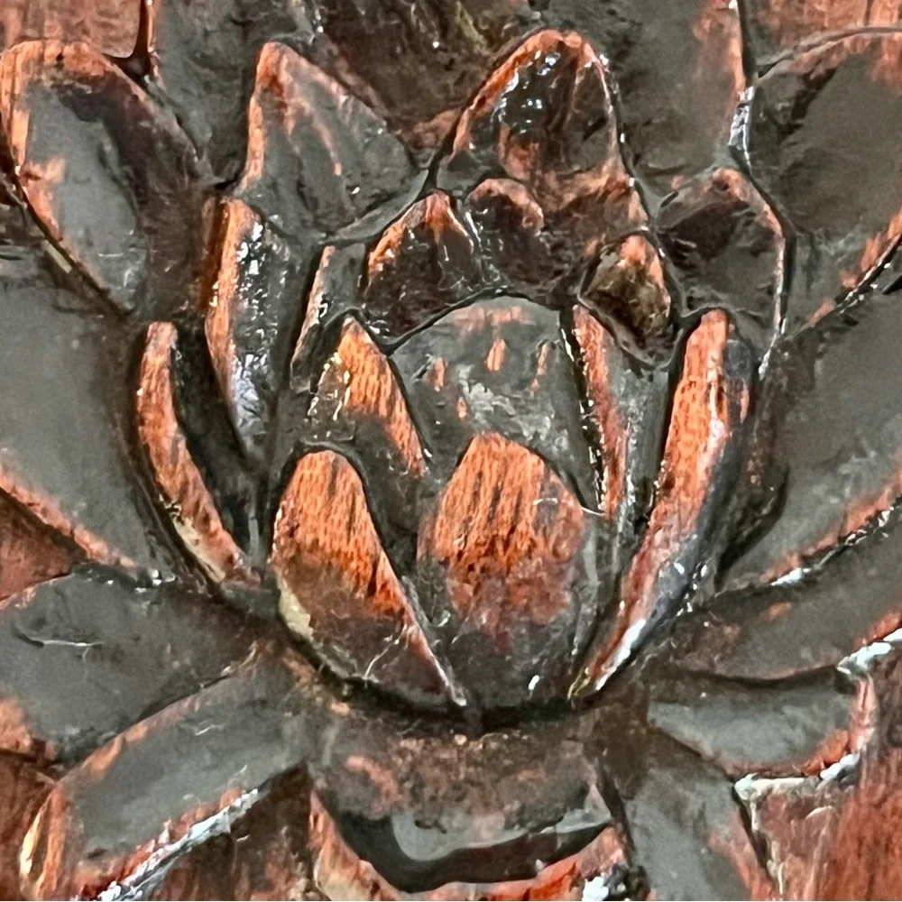 Antique Japanese Kamakura Bori Hand Carved Wood Mirror - Meiji Lotus Lacquerware